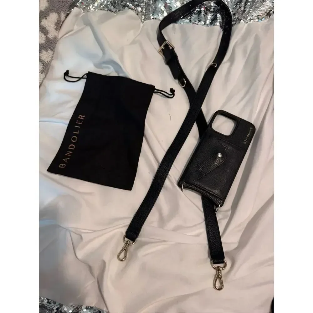 Bandolier crossbody twin 1l” black leather strap +iPhone 15 pro max wallet case